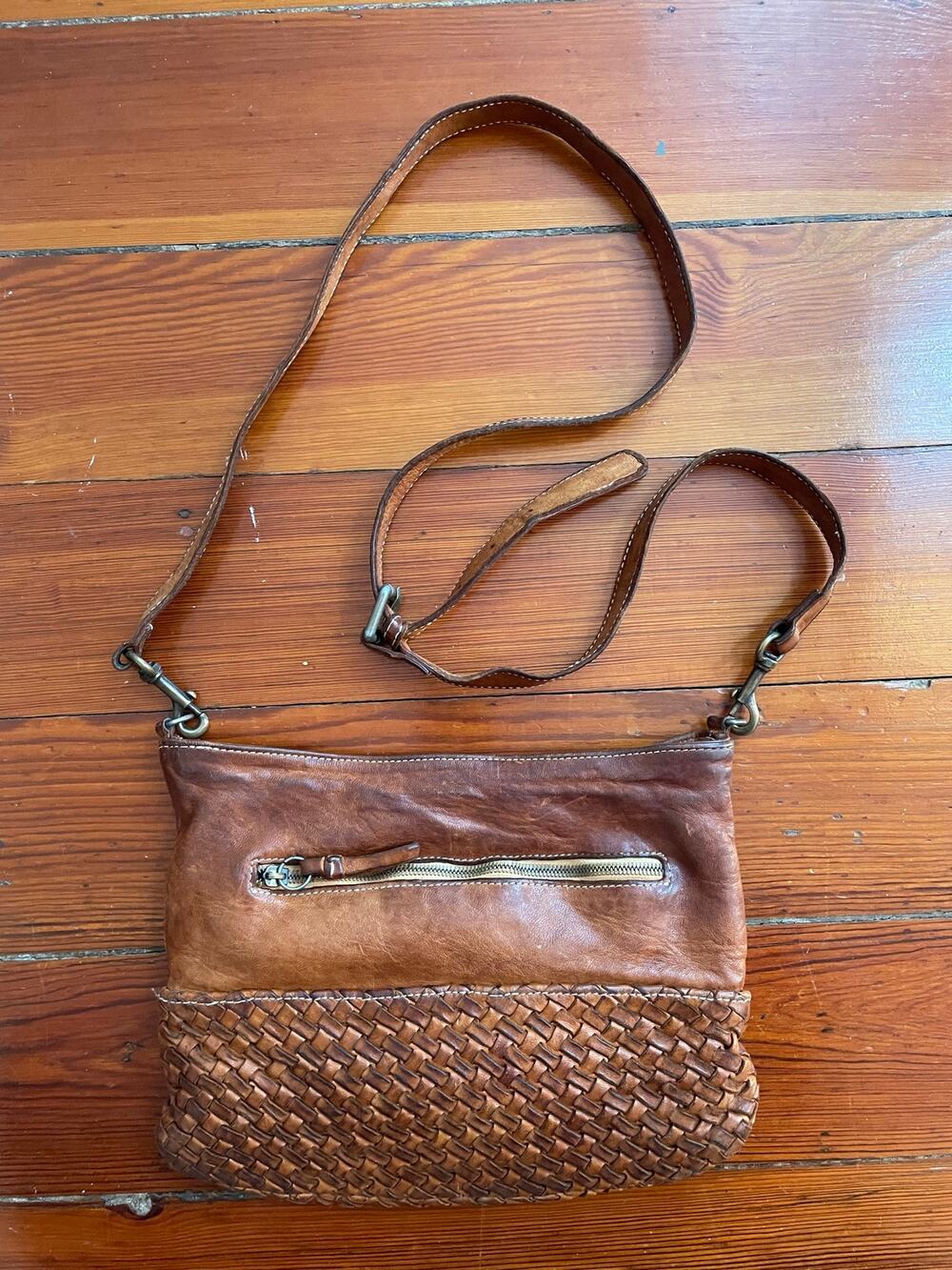 Langellotti Woven Leather Crossbody Bag Brown Made Italy Boho Cognac